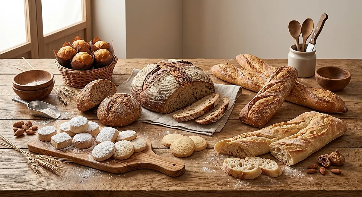 Mesa del obrador con hogazas, baguettes, magdalenas y mantecados